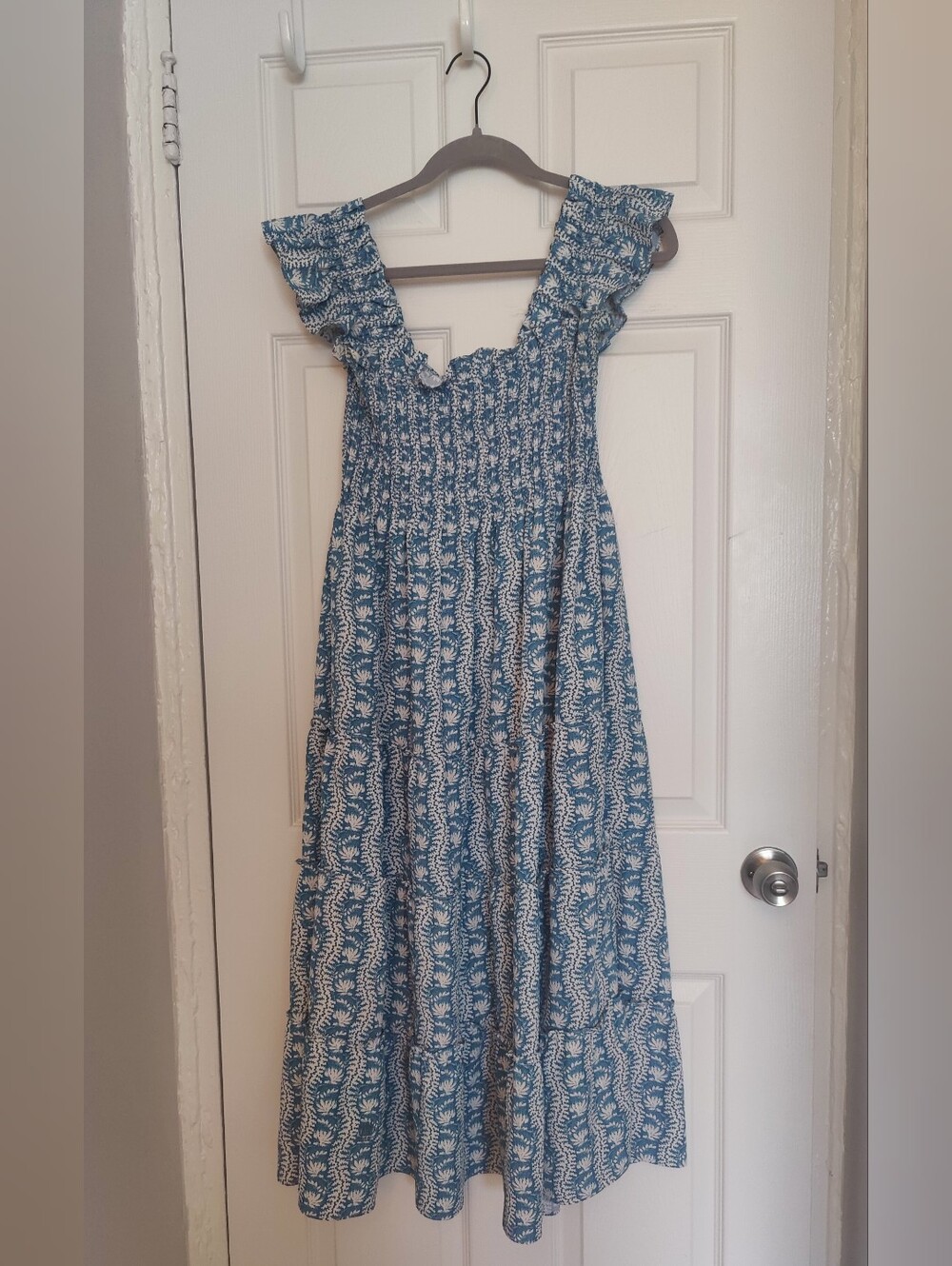 Hill House Blue Floral Midi Dress with White Pattern